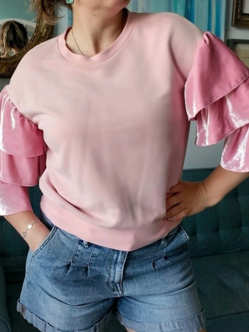 PINKO Ruffle Sleeve Sweatshirt in Pink Medium Like New